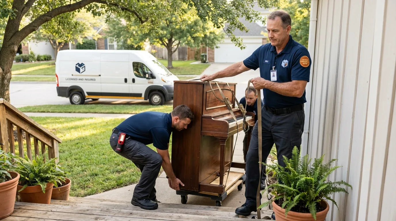 Licensed piano movers securing grand piano in Jefferson, OR