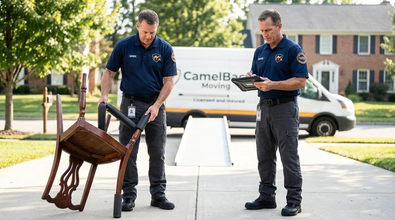 Movers inspecting furniture for damage prevention before loading in Jefferson, OR